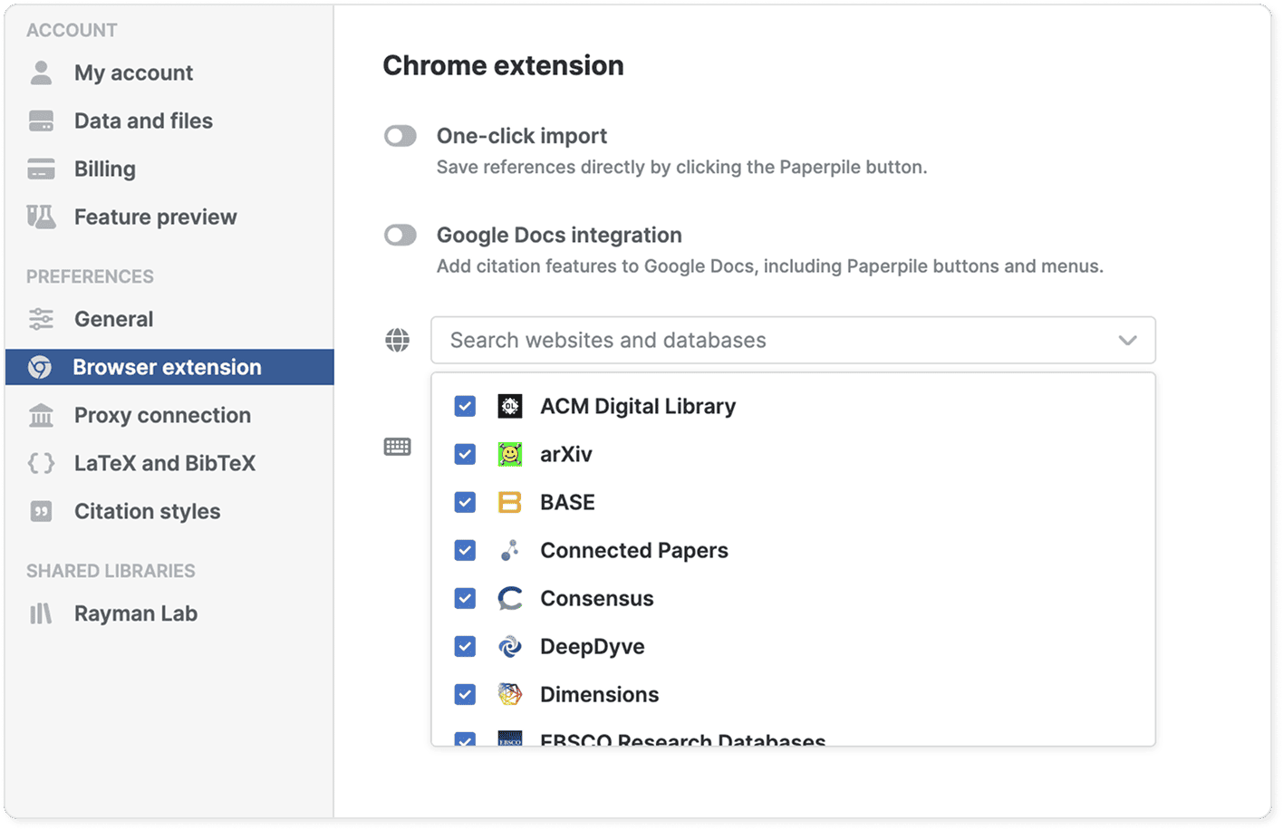 Settings › Browser extension with “One-click import” and “Google Docs integration” toggles above a searchable list of ticked database integrations including ACM Digital Library, arXiv, BASE, Connected Papers, Consensus, DeepDyve and Dimensions.